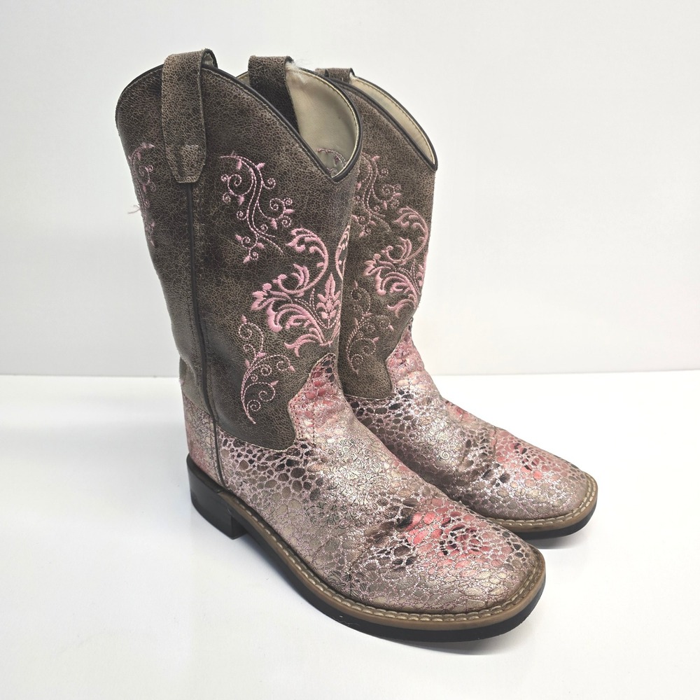 Old‎ West Metallic Pink Snakeskin Embroidered Cowboy Boots Size 3.0 D